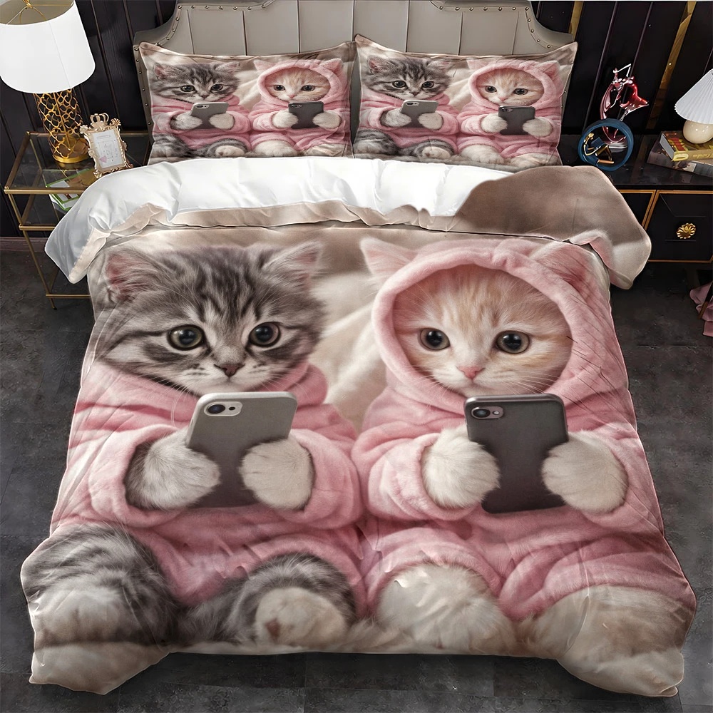 3Pc Cute Cat Playing with Phon - đánh giá và giá Duvet Cover Sets With Zipper