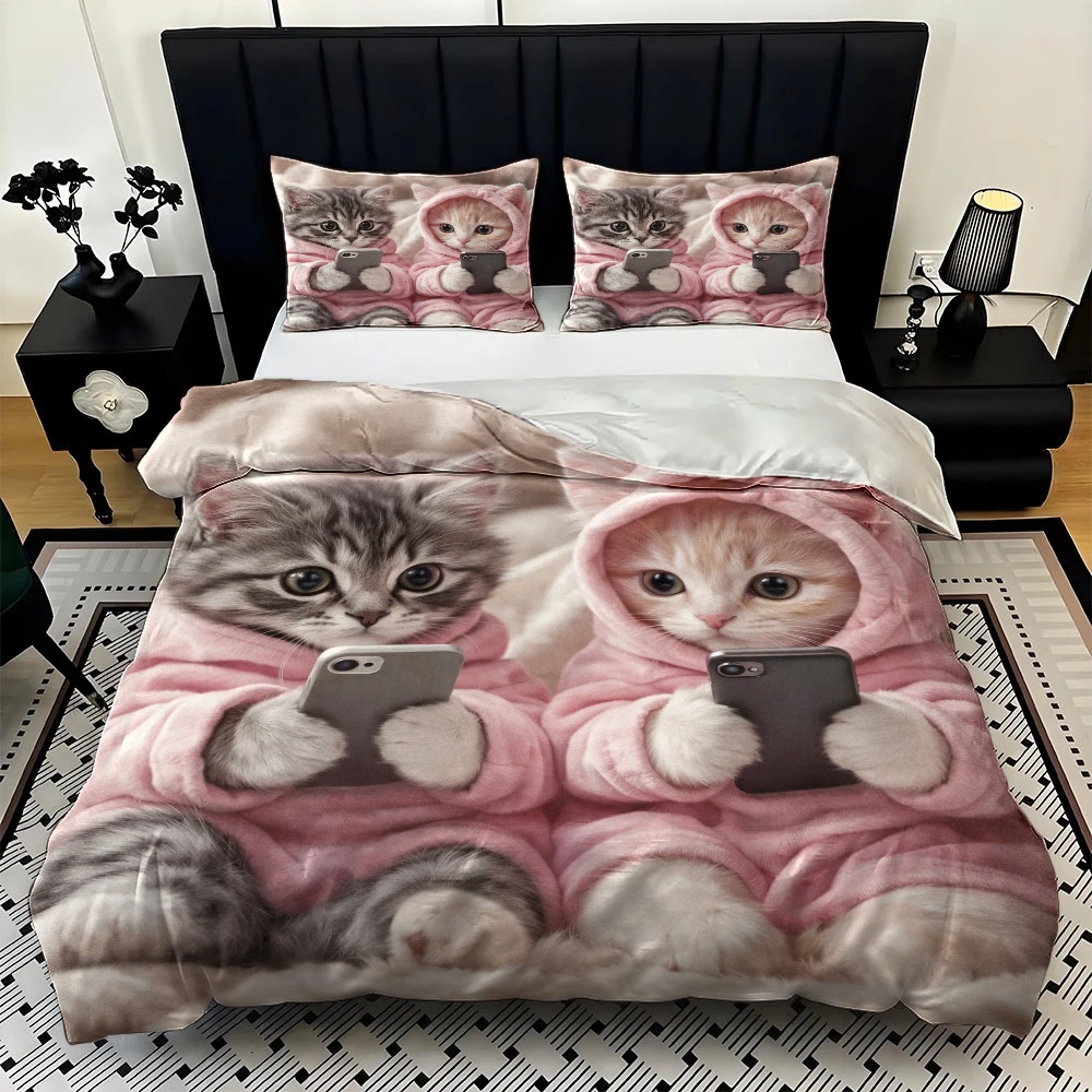 3Pc Cute Cat Playing with Phon - đánh giá và giá Duvet Cover Sets With Zipper