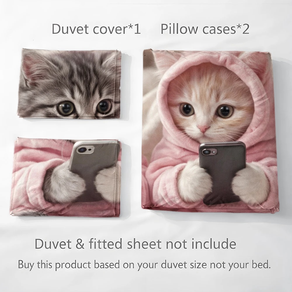3Pc Cute Cat Playing with Phon - đánh giá và giá Duvet Cover Sets With Zipper